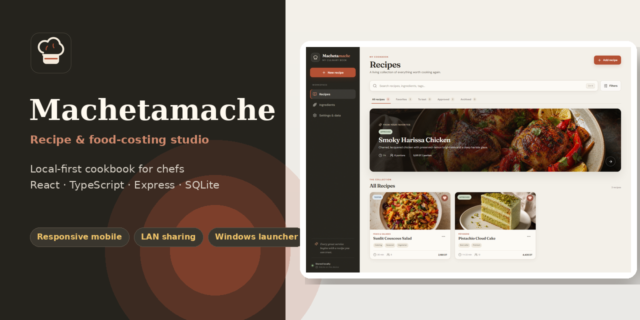 Machetamache product overview with its desktop cookbook interface