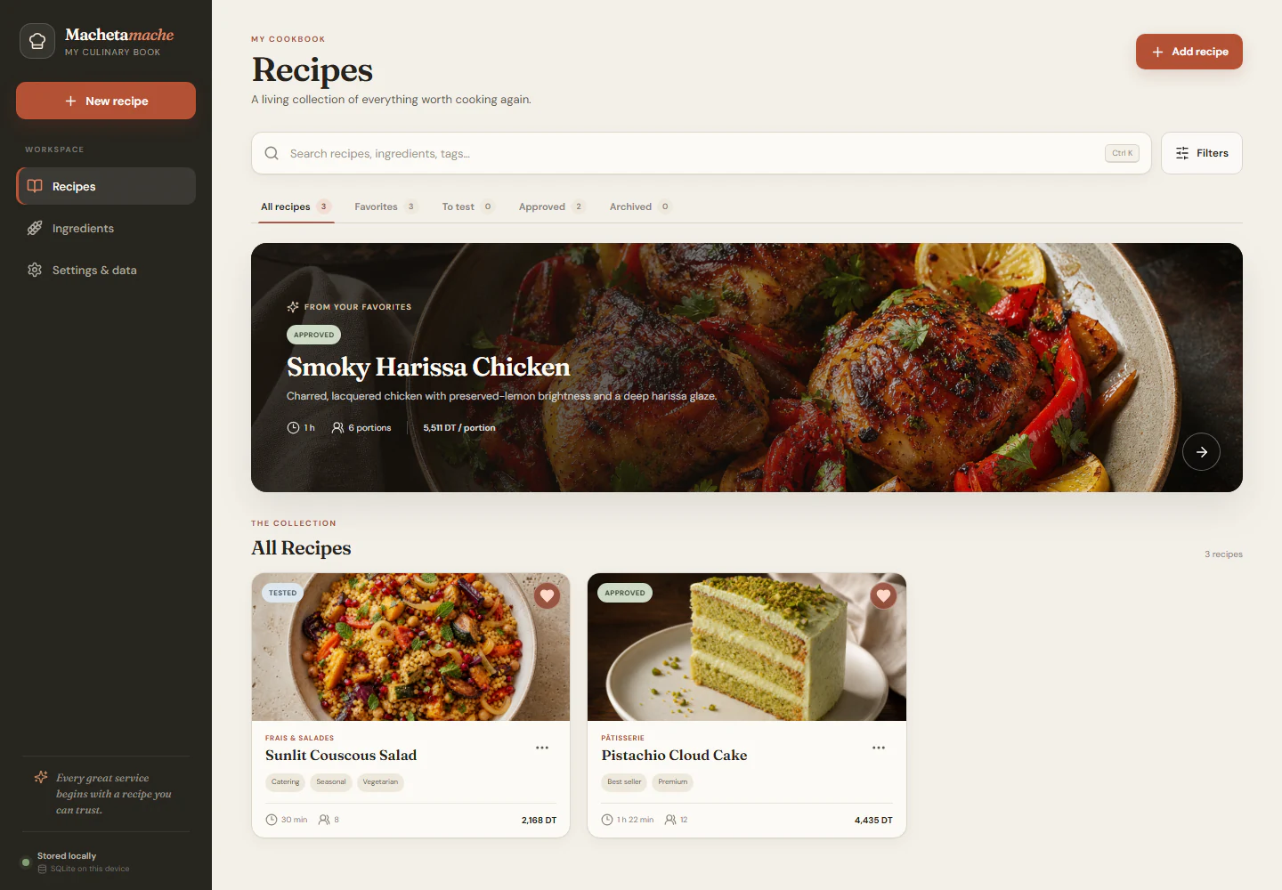 Machetamache desktop recipe library and costing workspace