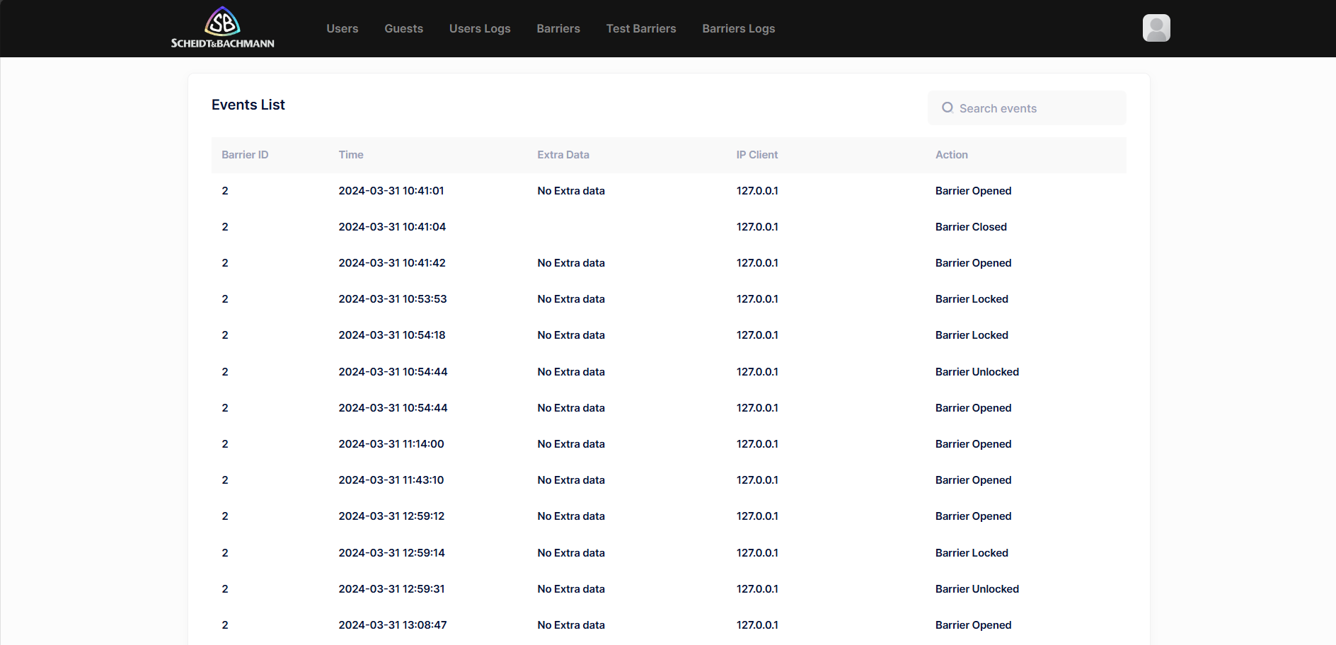 MacroPark barrier-event history with open, close, lock and unlock actions