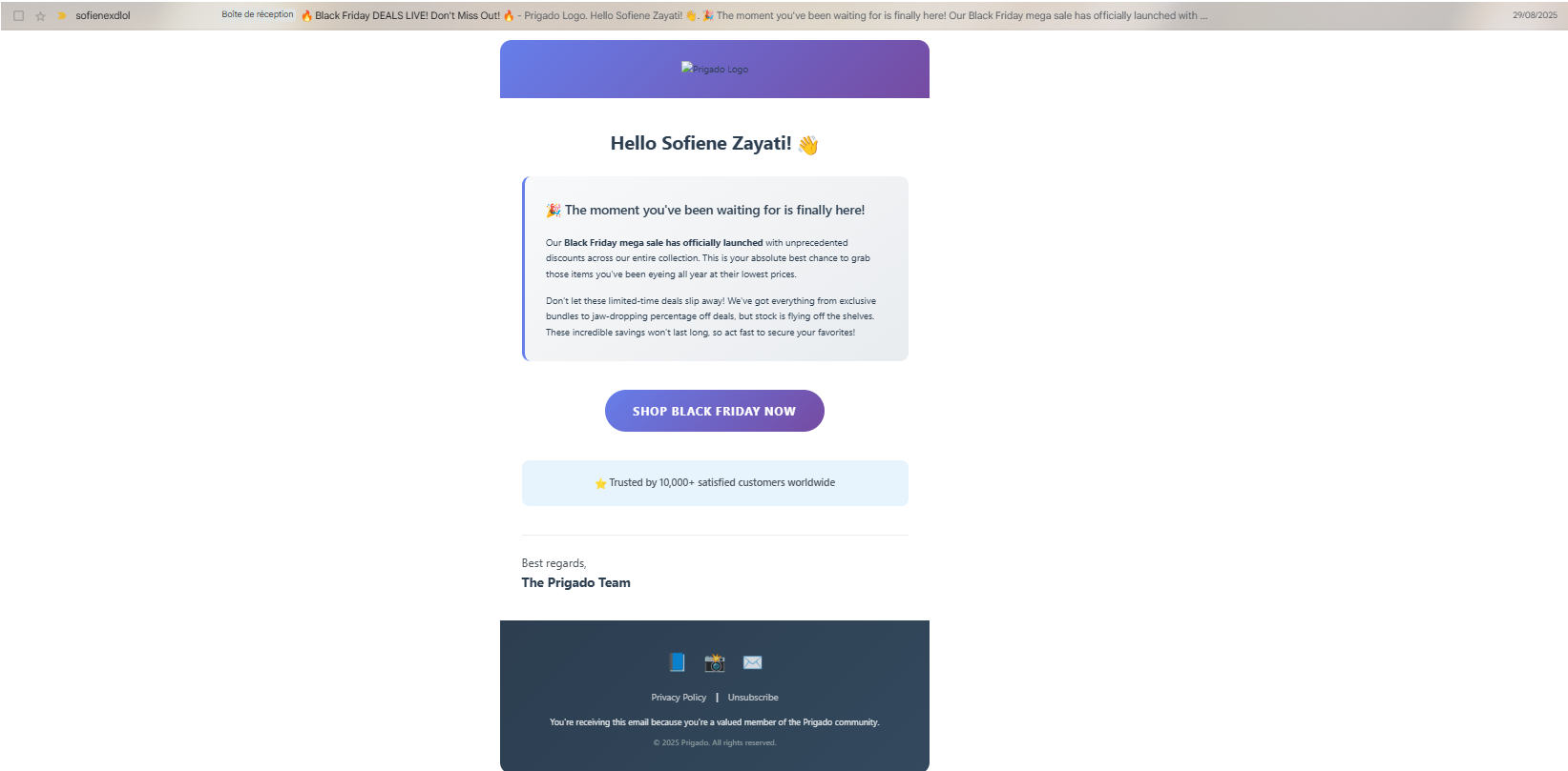 Email campaign generated by the Prigado automation flow