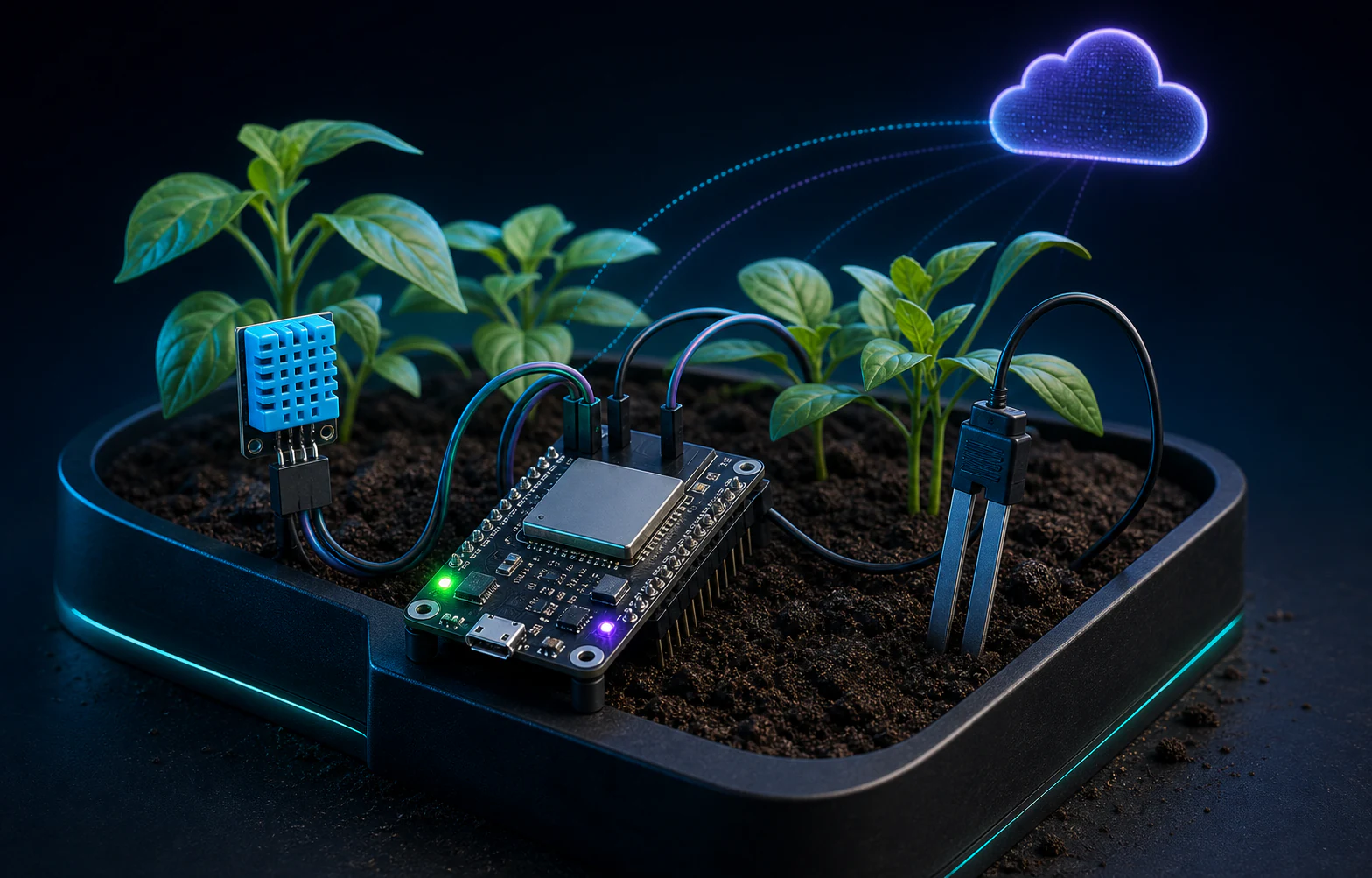 Concept visualization of the Smart Agri ESP32, DHT11 and soil-moisture sensing setup
