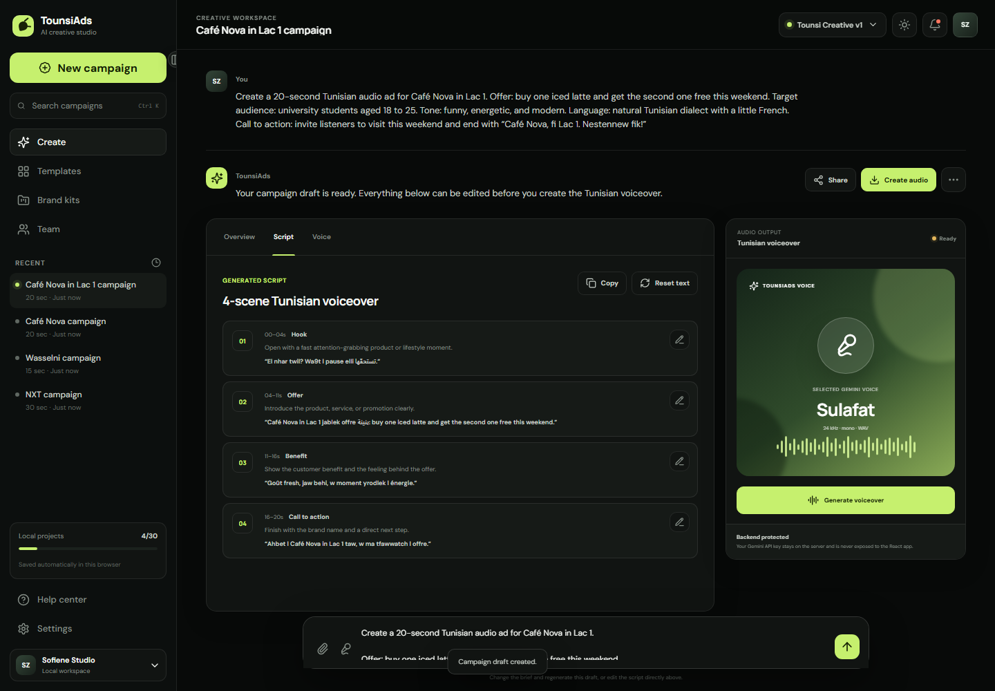 TounsiAds campaign script editor with scene and transcript controls