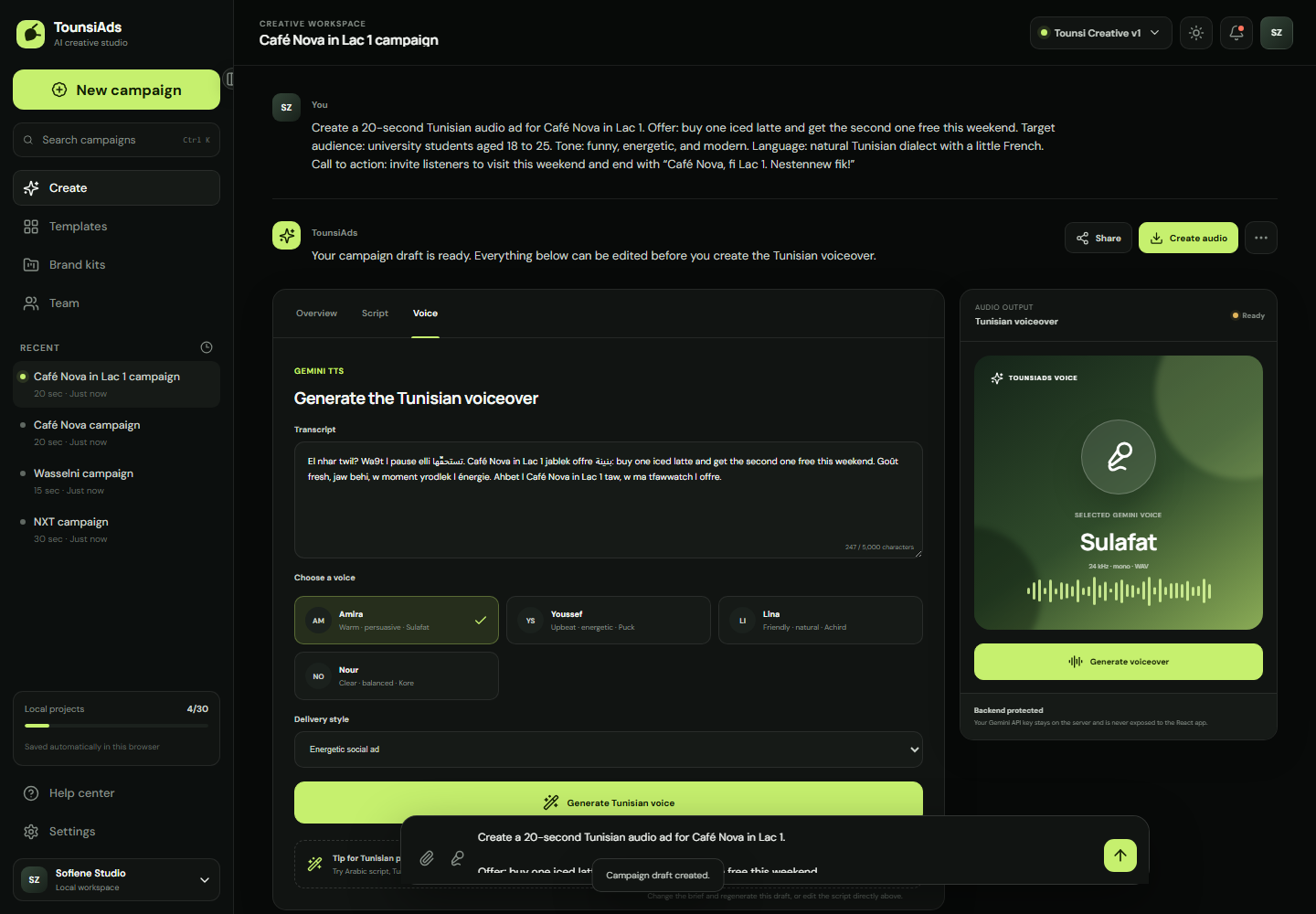 TounsiAds voice studio with delivery and generated-audio controls